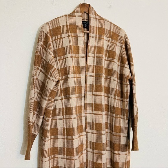 EUC Rachel Zoe Wool Blend Plaid Open Front Cardigan Size Medium Brown/Off White - Picture 2 of 7